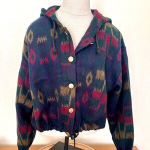 Vintage Crop Hoodie Jacket - Southwestern Aztec Print - Size Medium